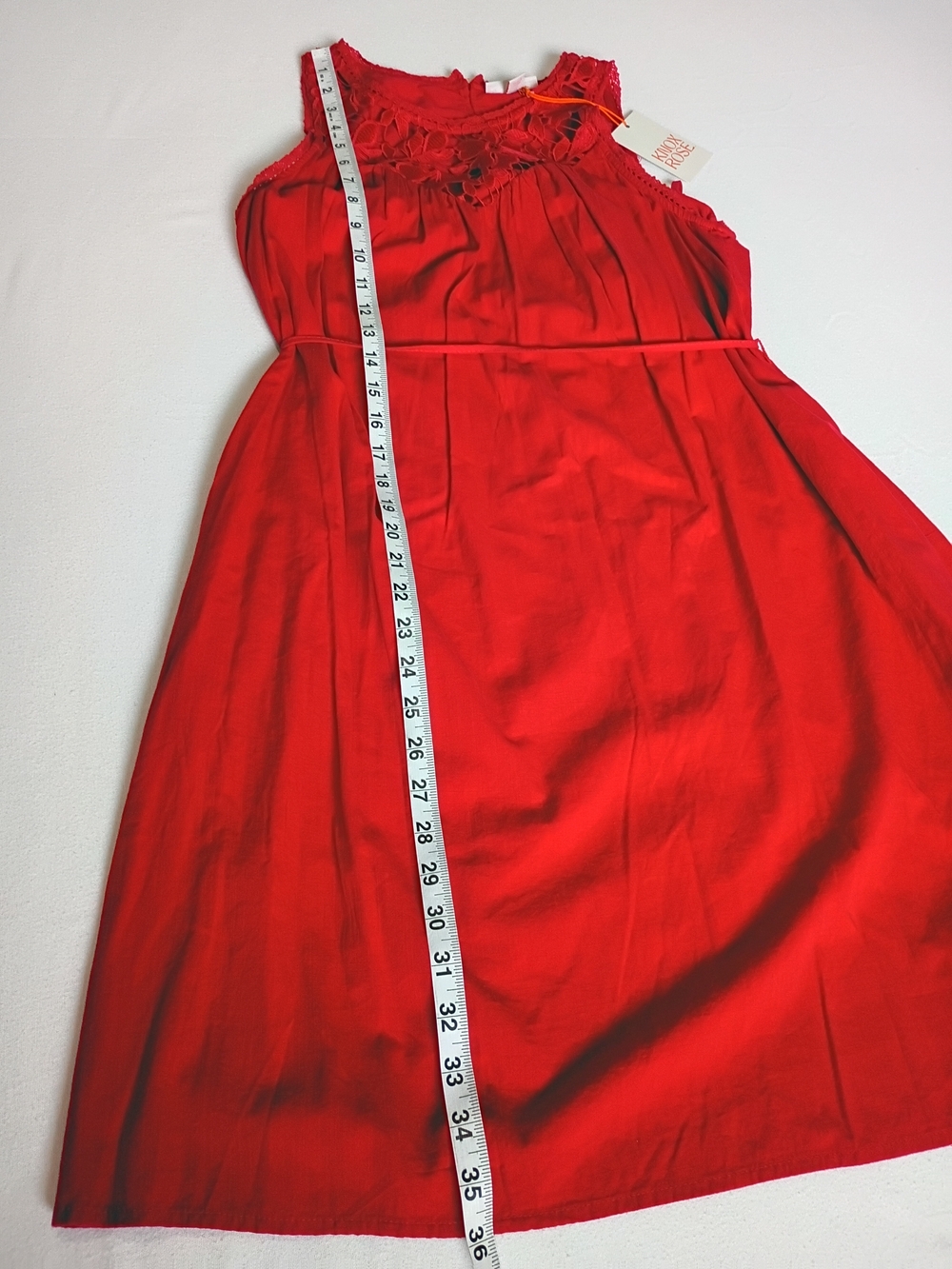 Knox Rose NWT Red Sleeveless Midi Dress Crochet Lace Yoke Tie Waist Small - Picture 7 of 13